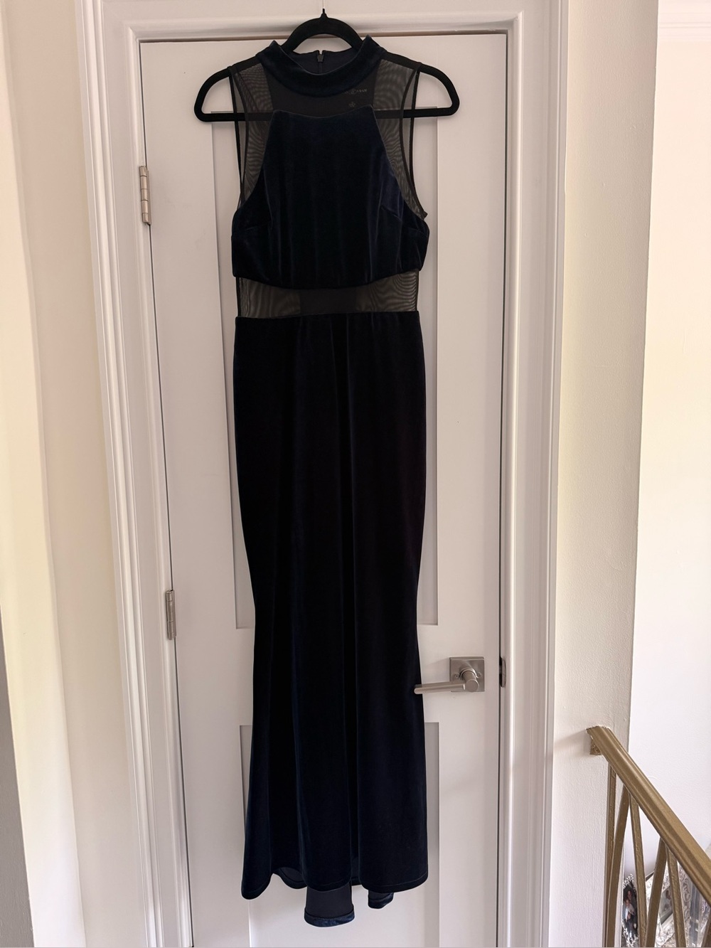Blue Velvet Mesh Panel Evening Dress Betsy & Adam size 10